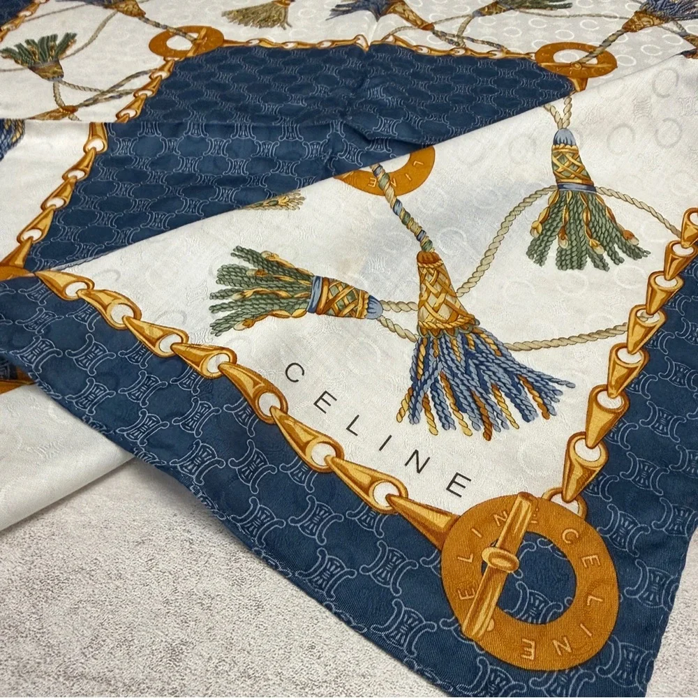 Celine Navy and Gold Chain Pattern Scarf - Picture 3 of 7